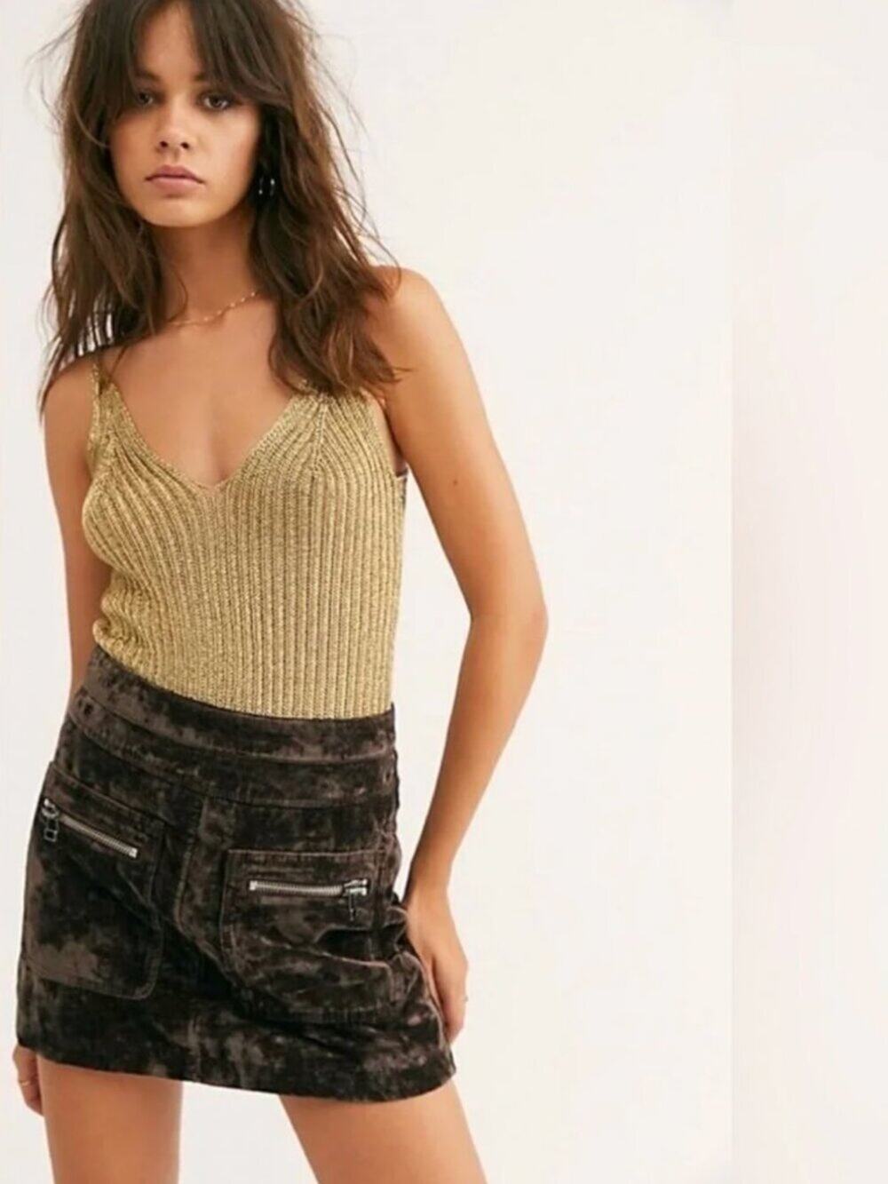 Free People Dust to Dust Velvet Mini Skirt in Brown